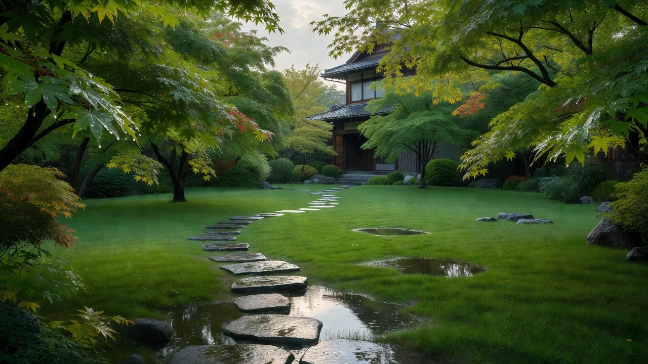 雨上がりの北海道の庭園