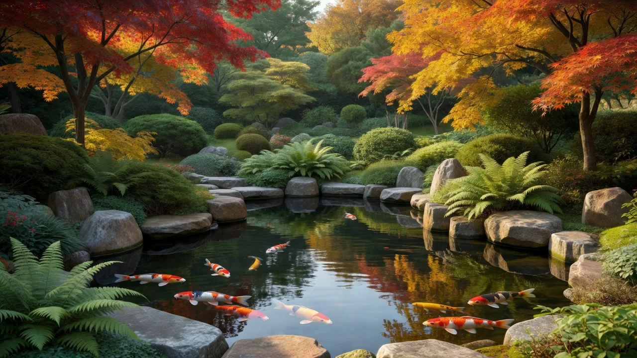 錦鯉と紅葉のある庭園池