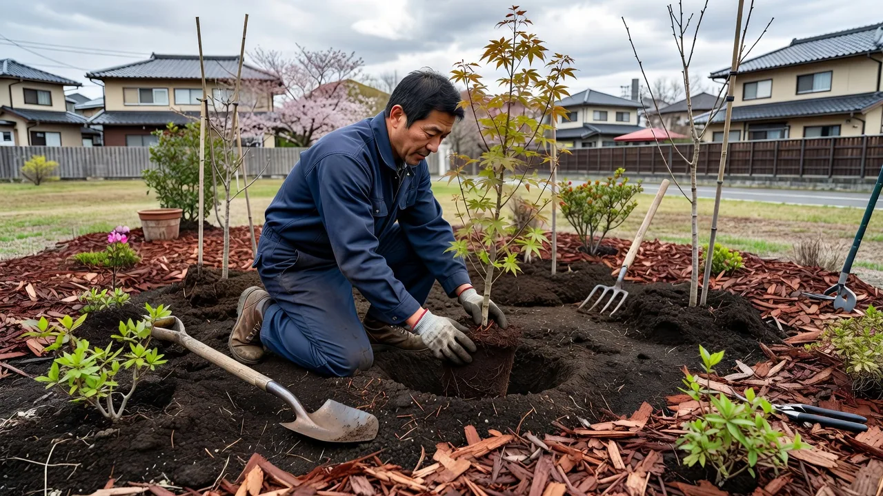 住宅庭の低木・高木植栽施工