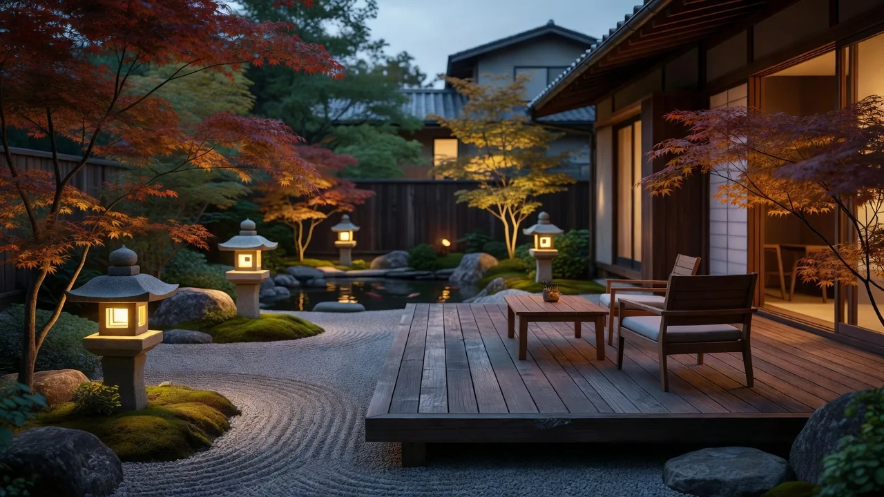 夕暮れの住宅庭園