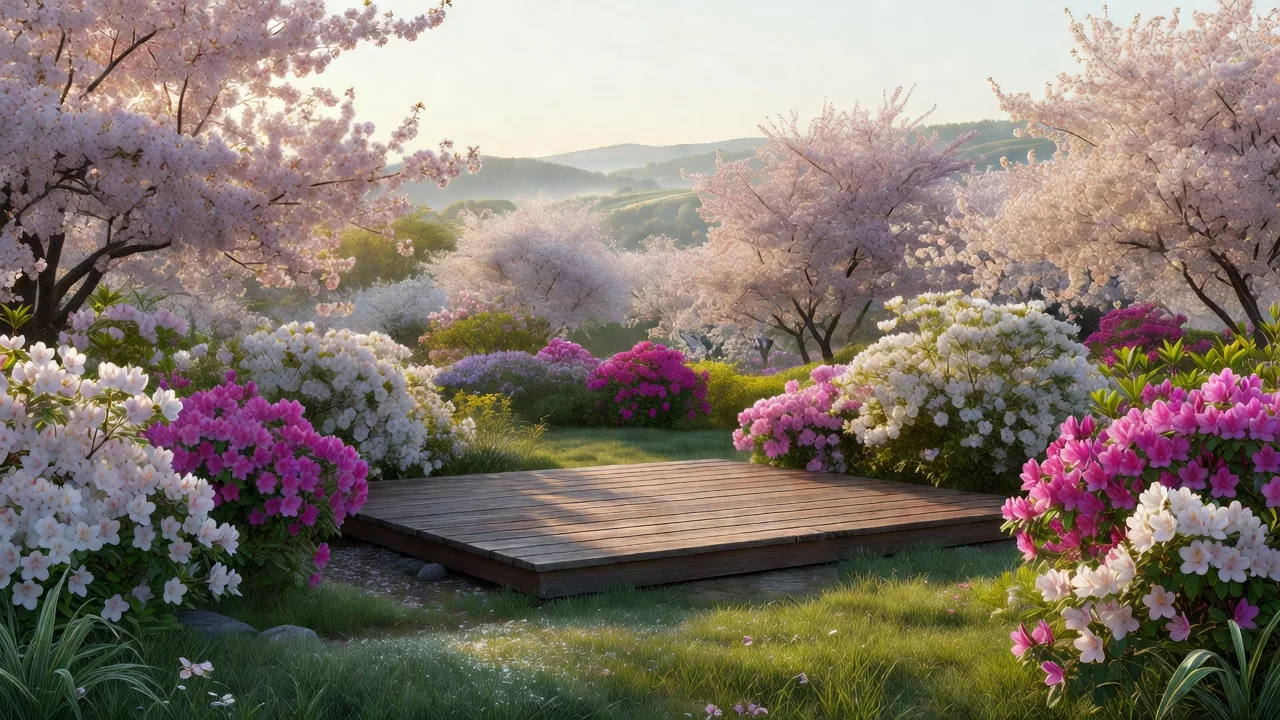 桜を望む春のウッドデッキ