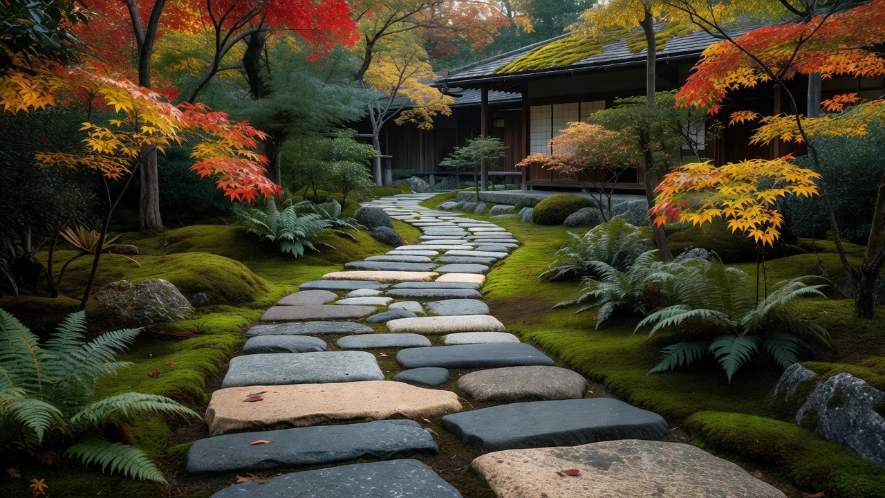 苔庭の秋の石畳小径