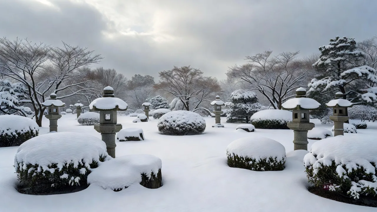 雪に覆われた冬の日本庭園