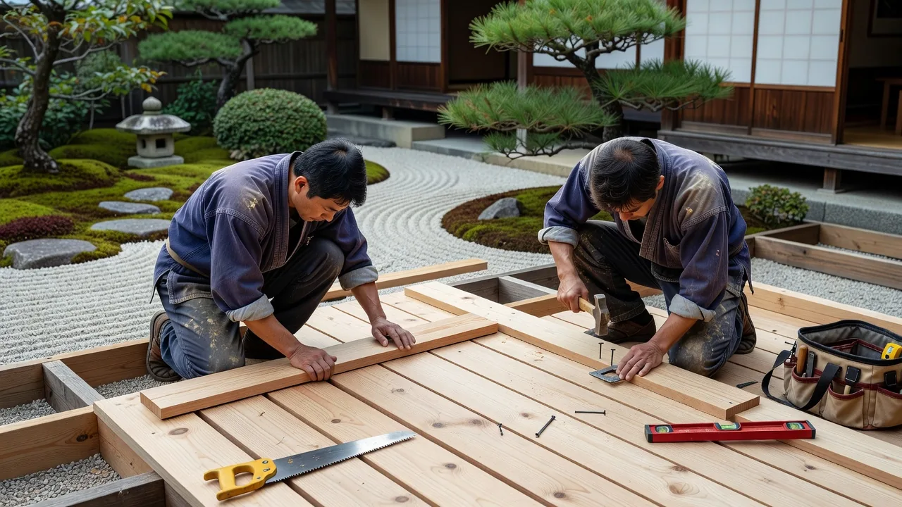 ウッドデッキの施工・メンテナンス作業の様子